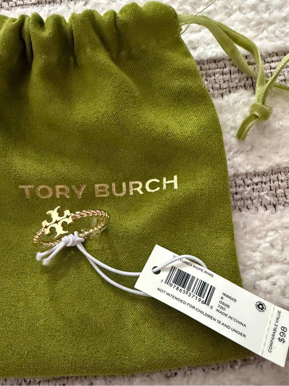 Tory Burch: NEW! ~ Gold Textured Rope Logo Ring. Size 8